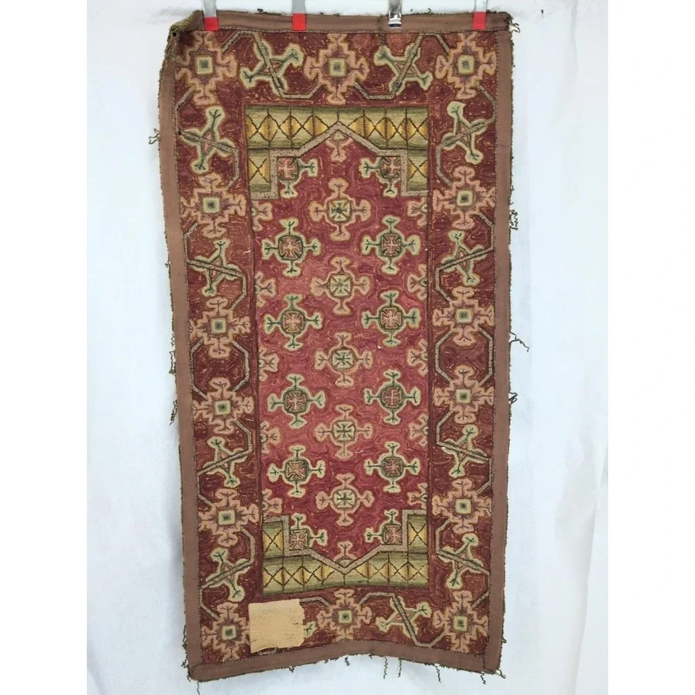 Vintage Hooked Rug Wool Red Gold Turkish Persian Pattern 54